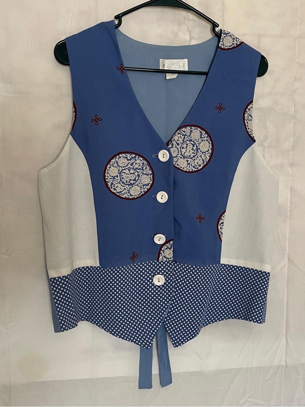Blue Patterned Button-Front Tunic Vest with White Panels